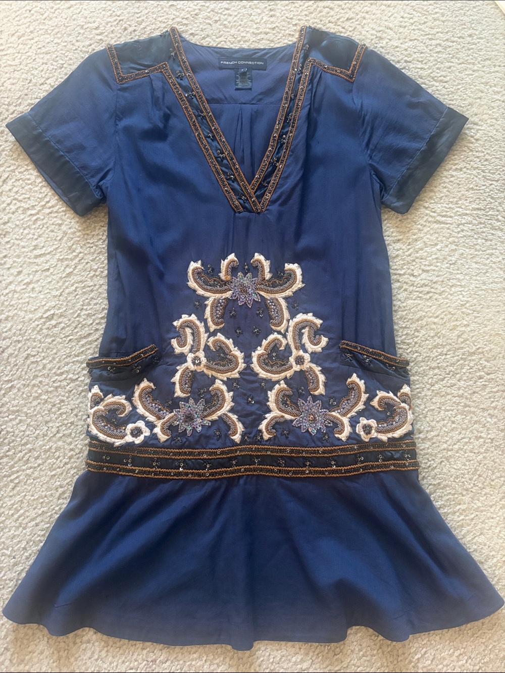 French Connection Navy Embroidered Dress with V-Neck